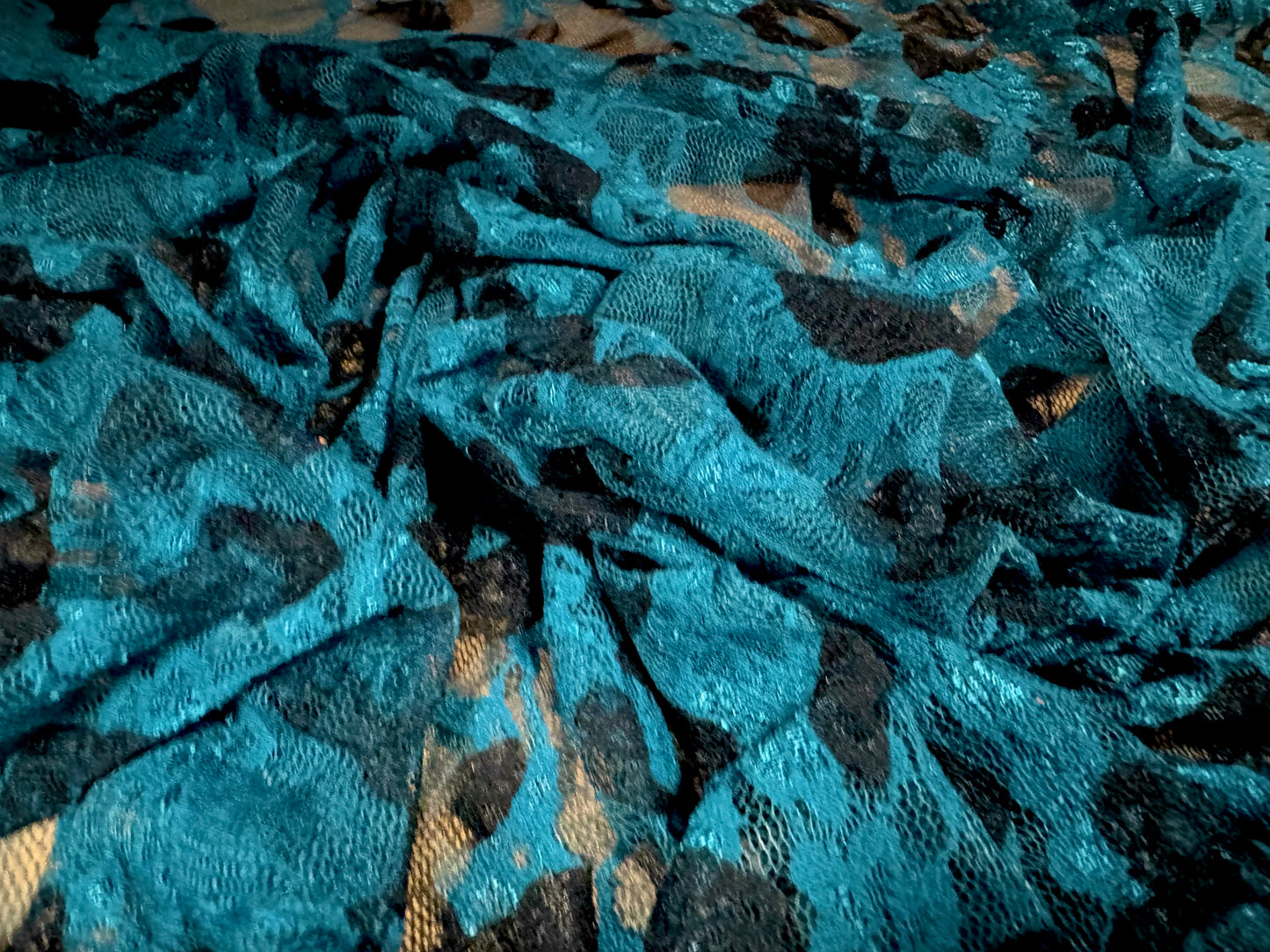 Stretch spandex mesh lace fabric, per metre - cheetah animal print - kingfisher
