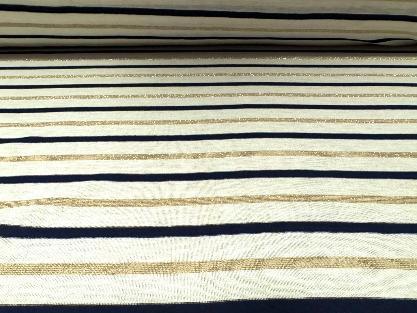 Metallic lurex single jersey fabric, per metre - stripe - ivory black & gold