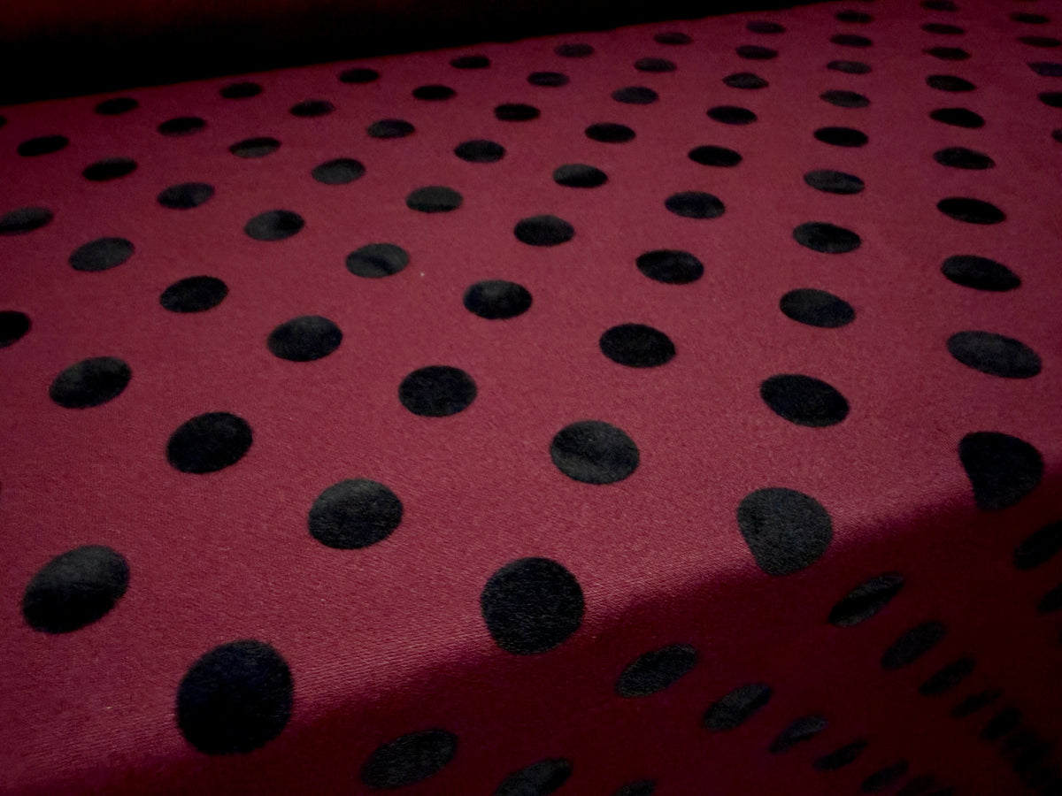 Stretch double jersey fabric, per metre - flocked polka dot - burgundy & black