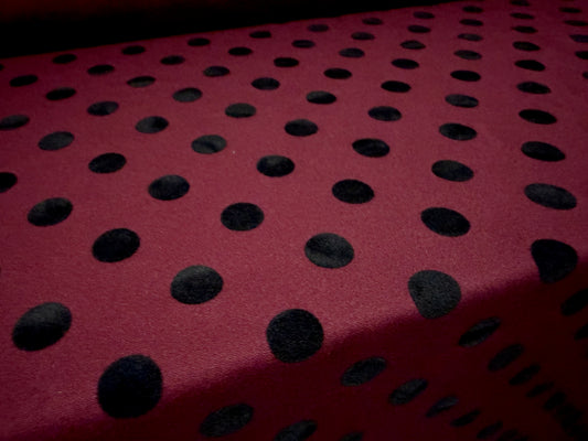 Stretch double jersey fabric, per metre - flocked polka dot - burgundy & black