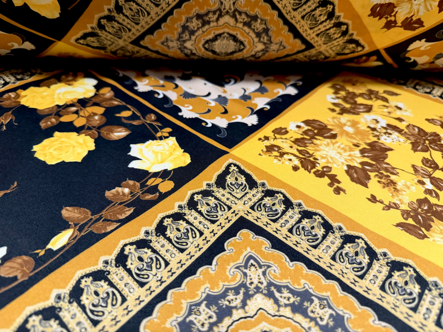 Single jersey fashion fabric, per metre - paisley floral collage print - gold & black