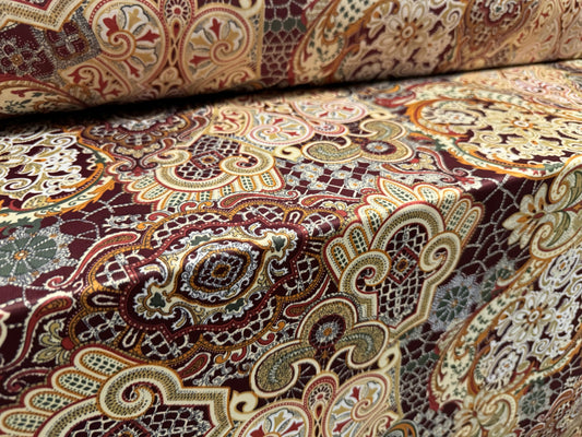 Soft touch stretch spandex single jersey fabric, per metre - paisley print - maroon & cream