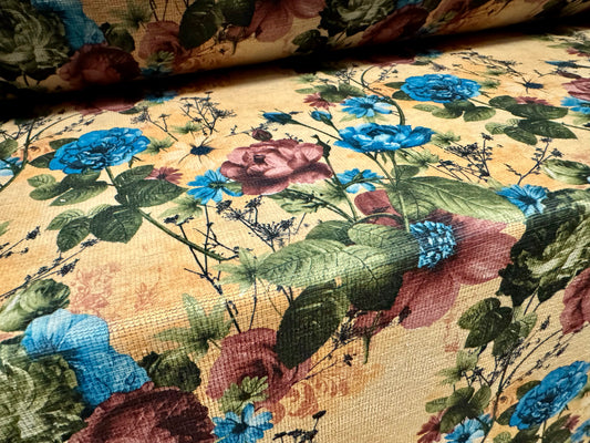Chenille upholstery fabric, per metre - wild rose print - old gold