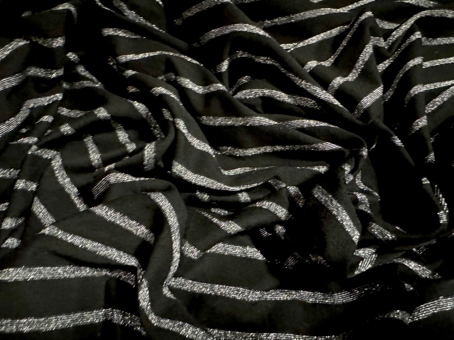 Metallic stretch single jersey fashion fabric, per metre - striped - black with silver lurex