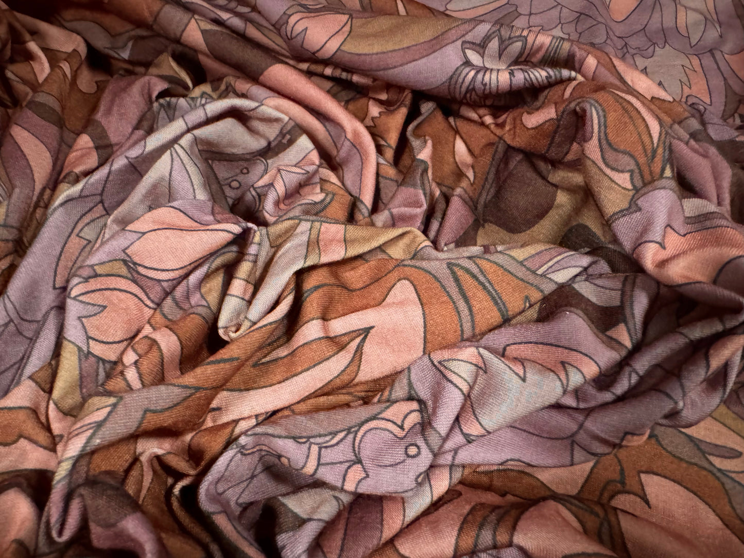 Soft handle stretch single jersey fashion fabric, per metre - retro flower print - dusky pink