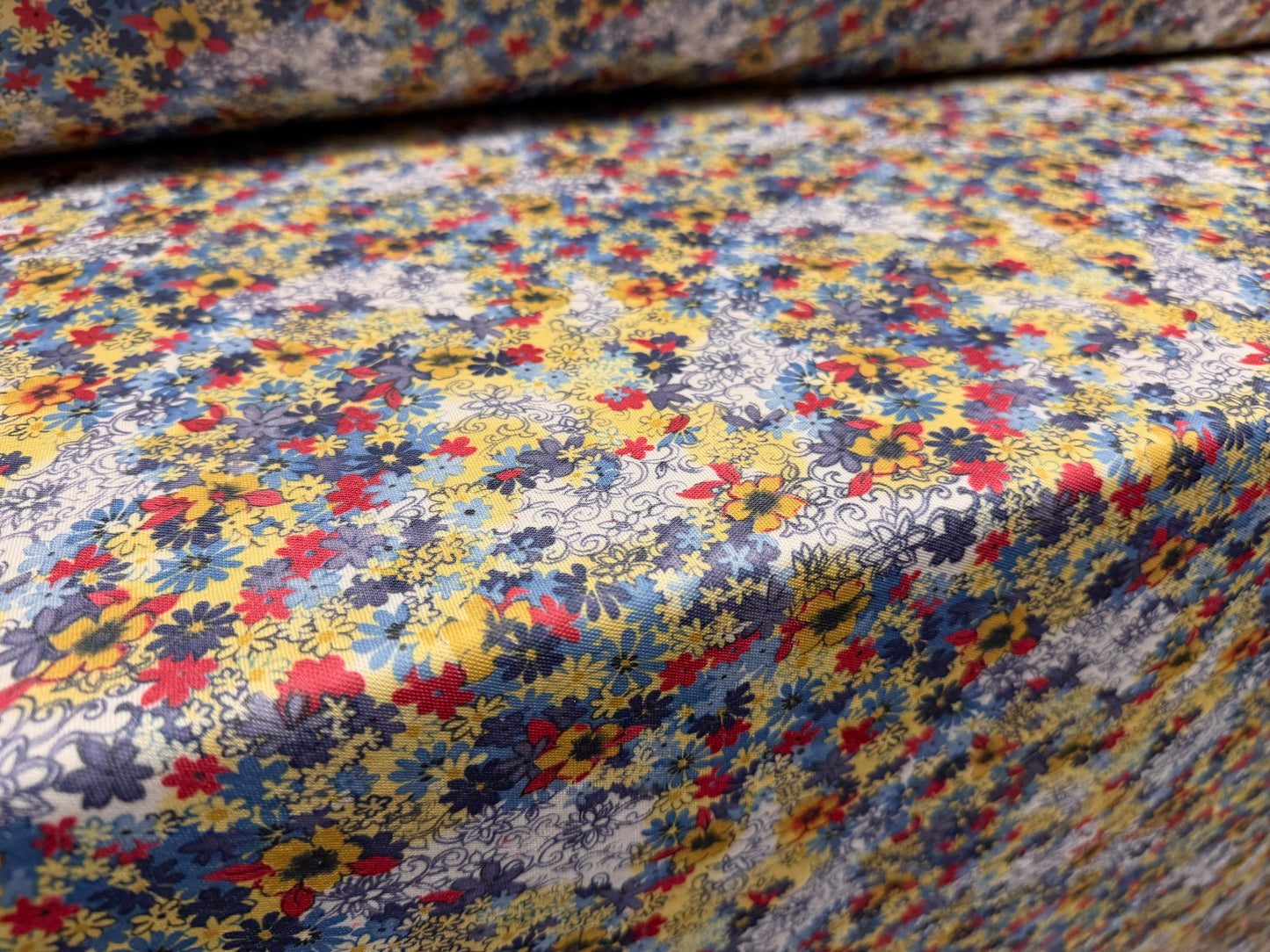 Toledo double jersey fabric, per metre - floral print - blue mustard & red