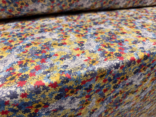 Toledo double jersey fabric, per metre - floral print - blue mustard & red