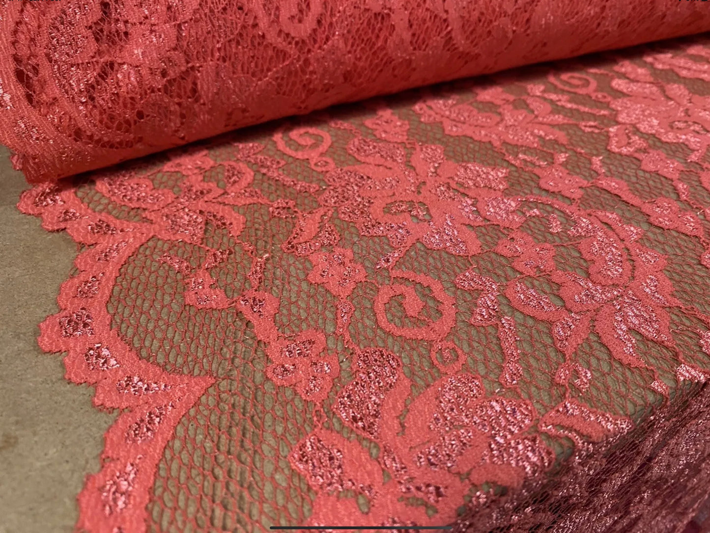 Stretch floral lace dress fabric, per metre - scalloped selvedge - coral