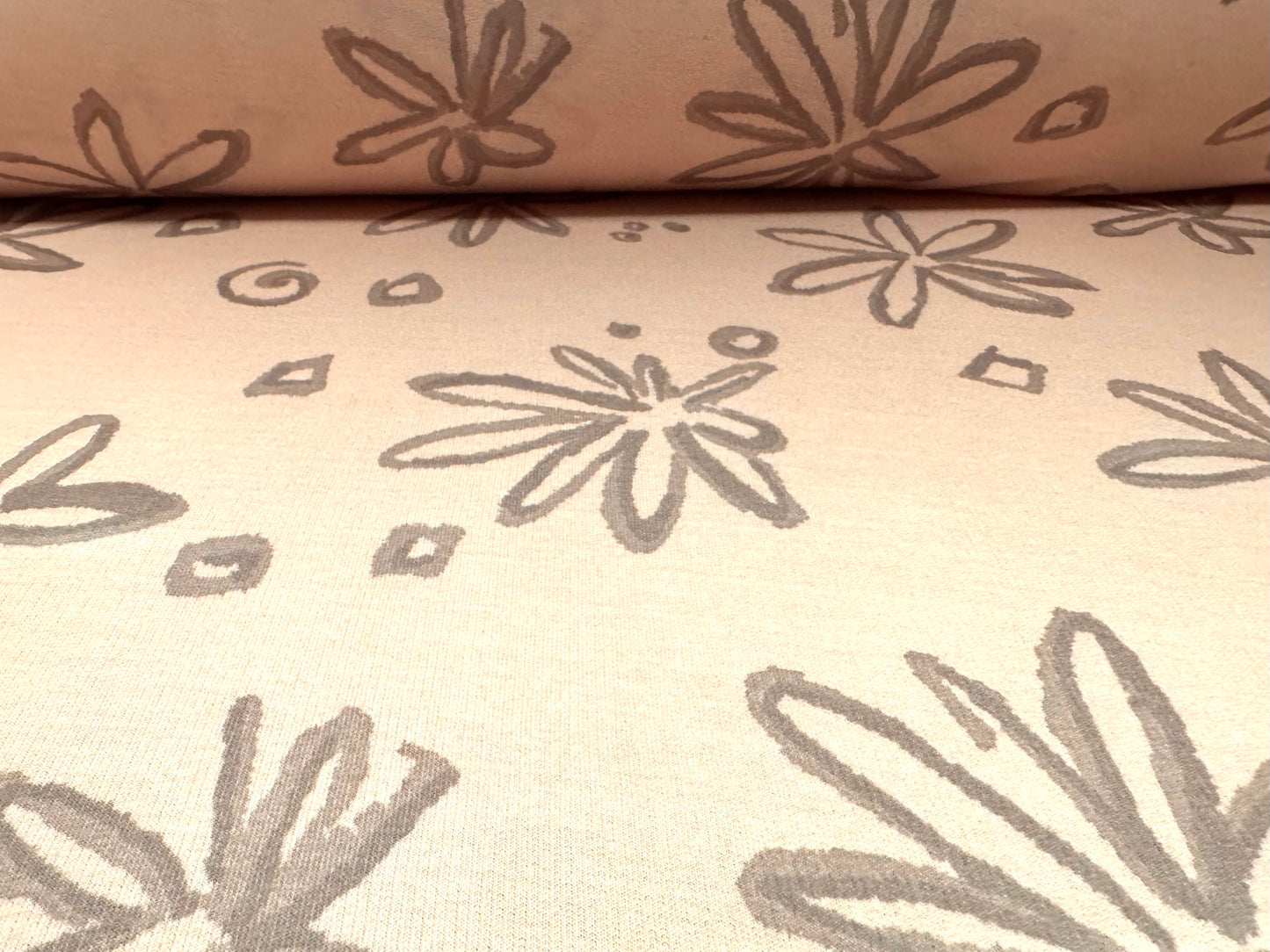 French Terry loopback sweatshirt jersey fabric, per metre - floral sketch print - pale pink & grey