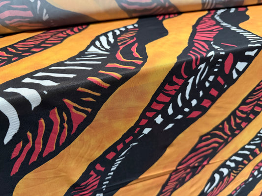 Power mesh net stretch spandex fabric, per metre - tribal print - amber