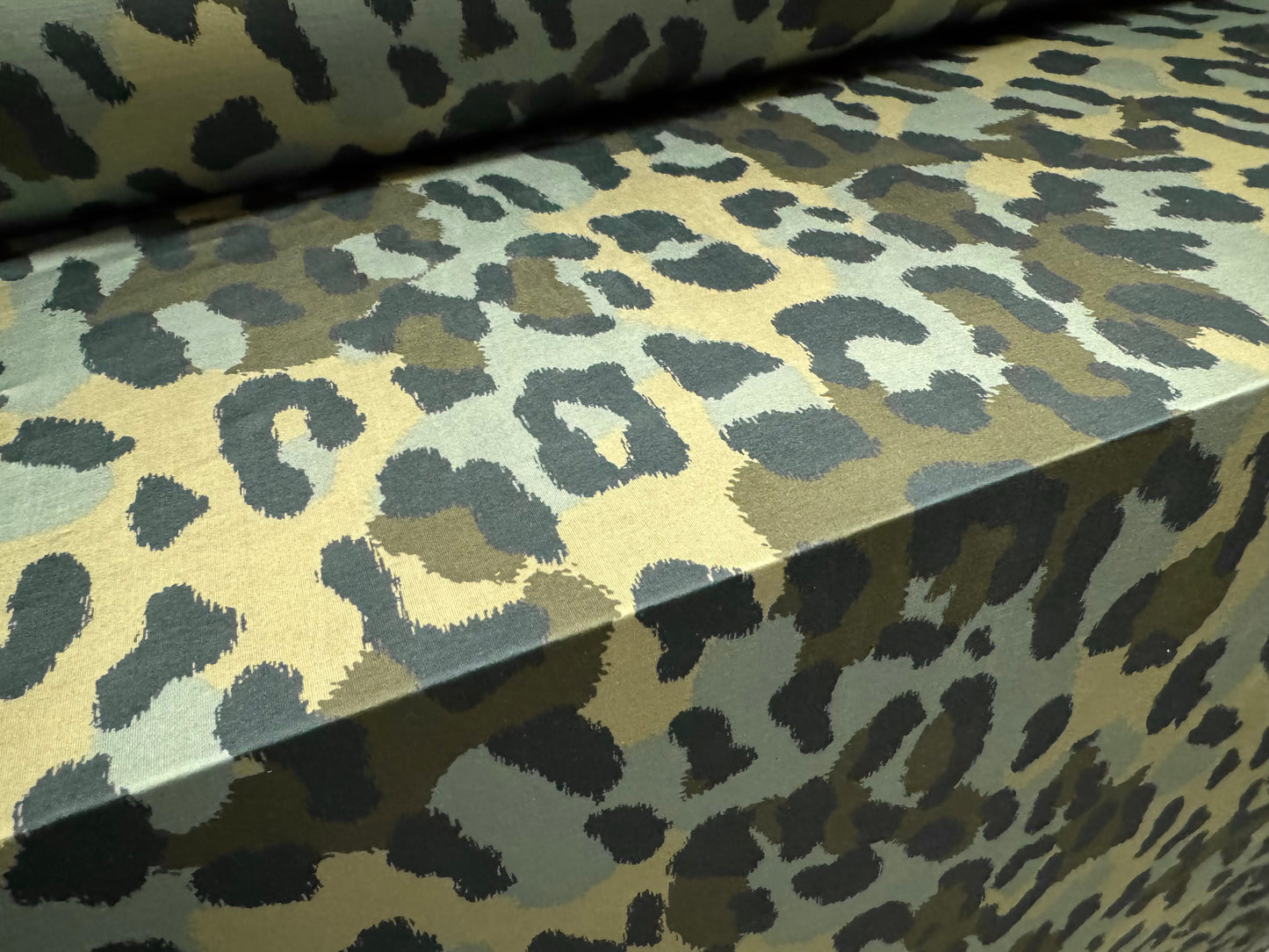 Soft touch stretch spandex single jersey fabric, per metre - cheetah camouflage print - khaki