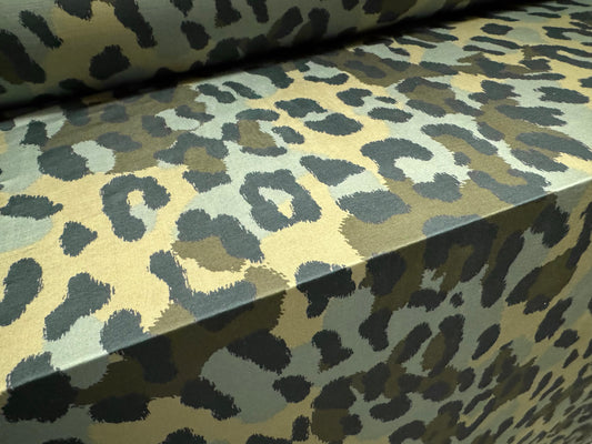 Soft touch stretch spandex single jersey fabric, per metre - cheetah camouflage print - khaki