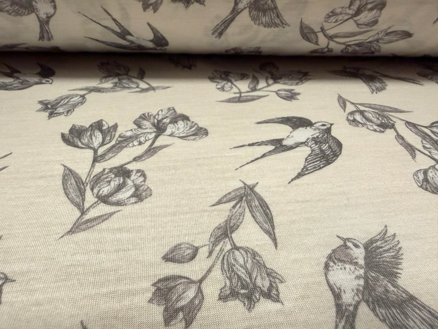 Soft handle single jersey fabric, per metre - swallows and flowers print - cream & grey