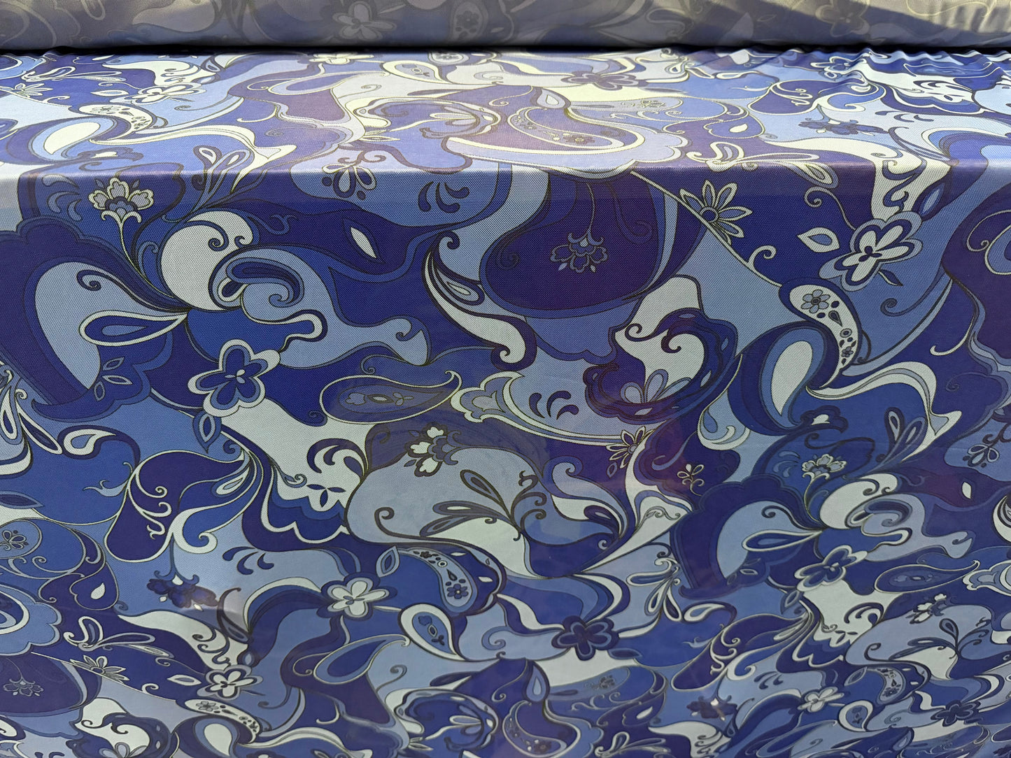 Power mesh net stretch spandex fabric, per metre - hippy swirl print - Royal & sky blue