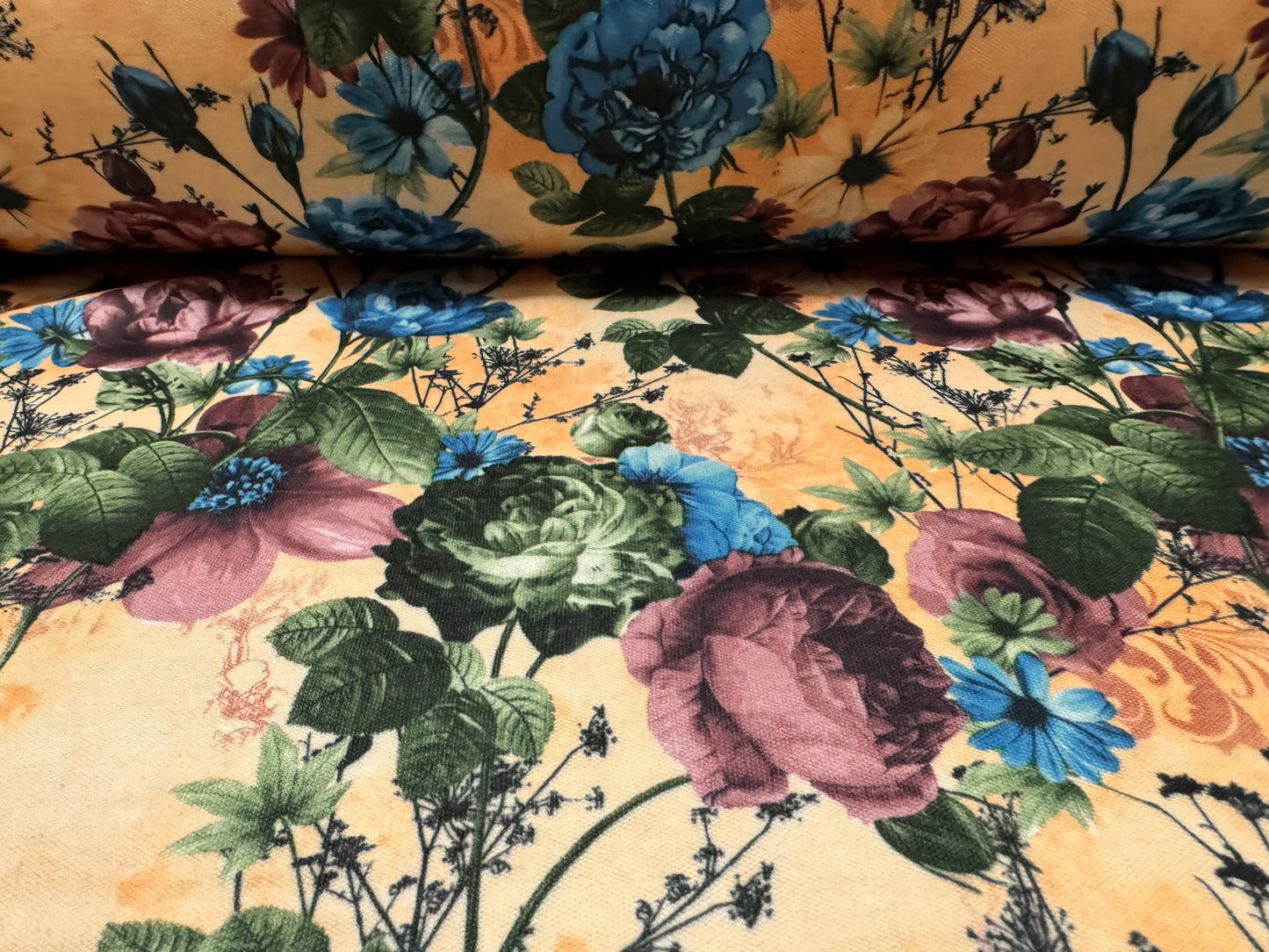 Double jersey upholstery fabric, per metre - wild rose print - old gold & cobalt