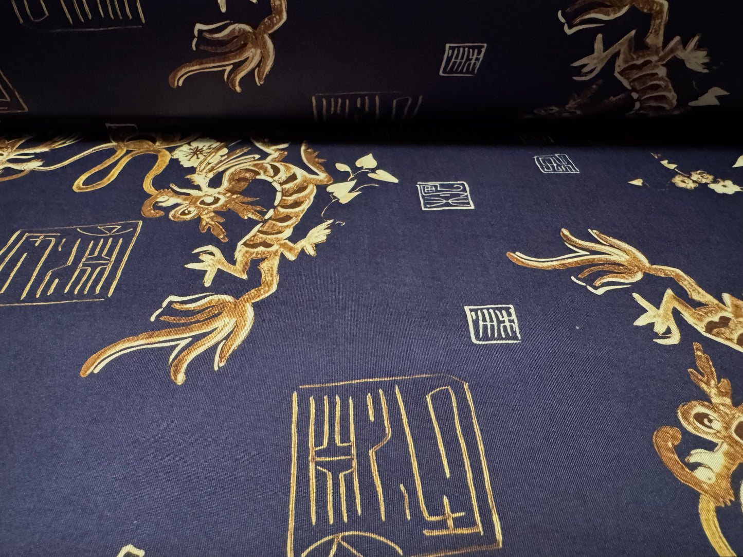 Soft touch stretch spandex single jersey fabric, per metre - Dragons print - navy & gold