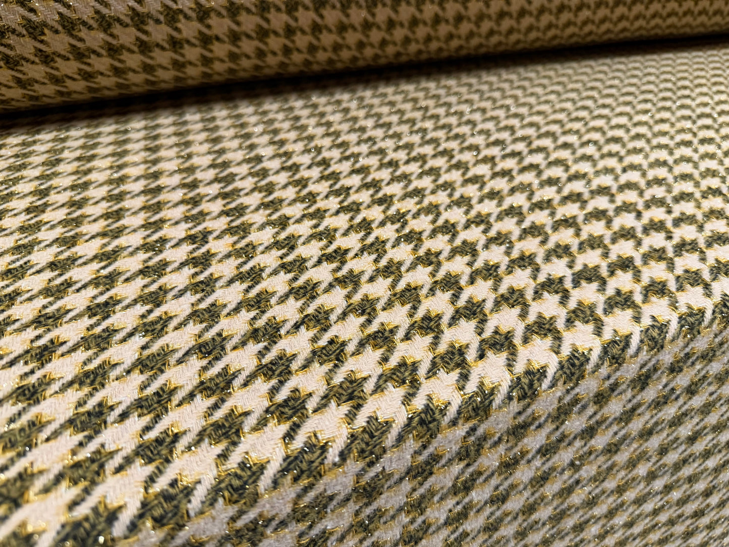 Metallic wool bouclé fabric, per metre - houndstooth - beige gold & olive