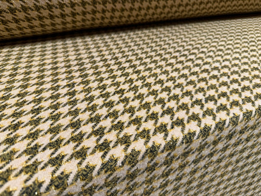 Metallic wool bouclé fabric, per metre - houndstooth - beige gold & olive