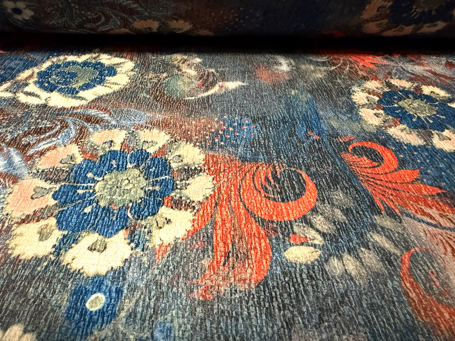 Crinkle crepe stretch woven fabric, per metre - paisley floral print - washed denim & orange