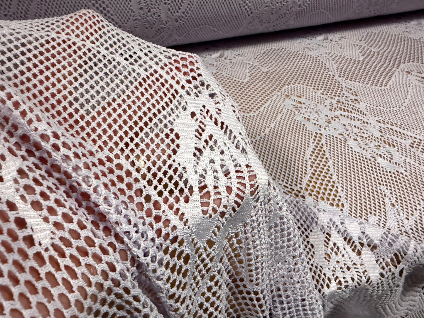 Stretch fishnet jersey fabric with floral design, per metre - lilac
