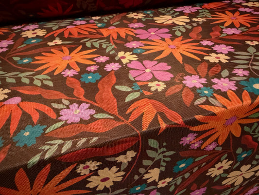 Power mesh net stretch spandex fabric, per metre - popsy floral print - brown orange & pink
