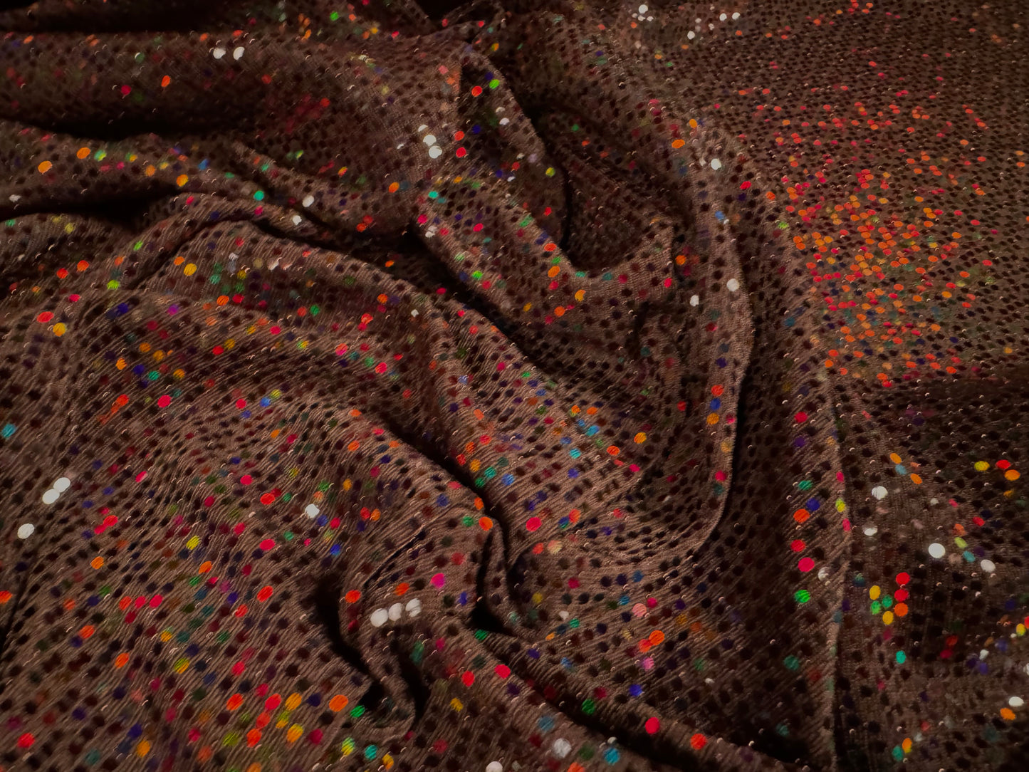 Metallic slinky stretch spandex jersey fabric, per metre - brown with multicolour sequins