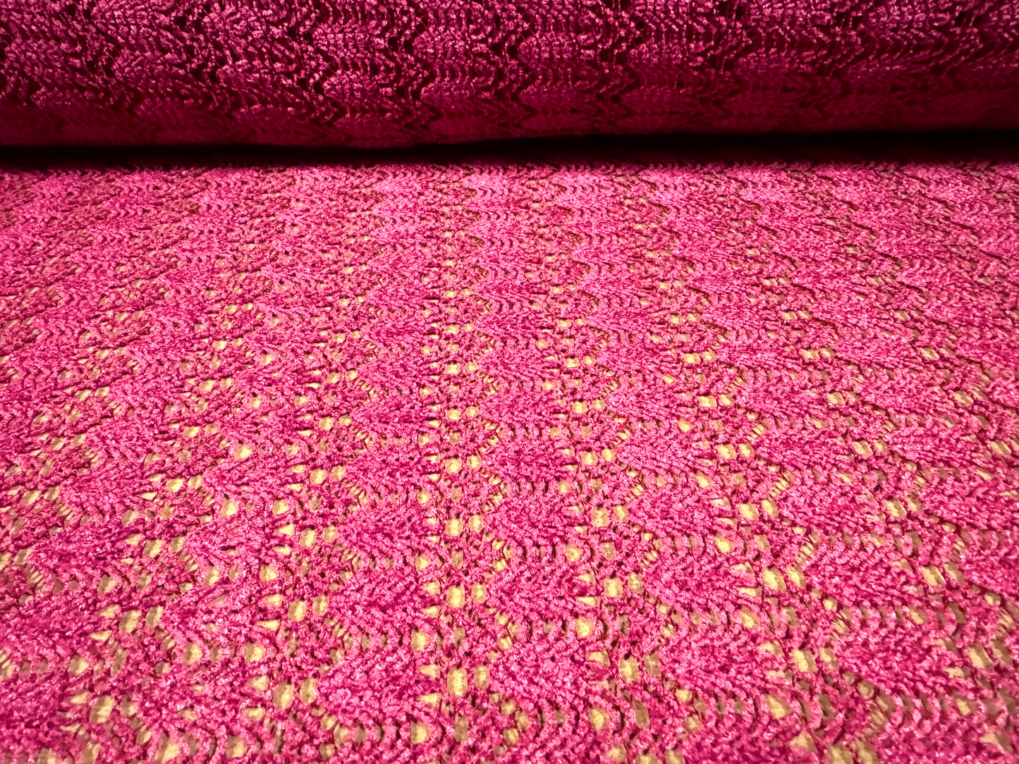 Crochet knit chenille fabric, per metre - abstract pattern - magenta