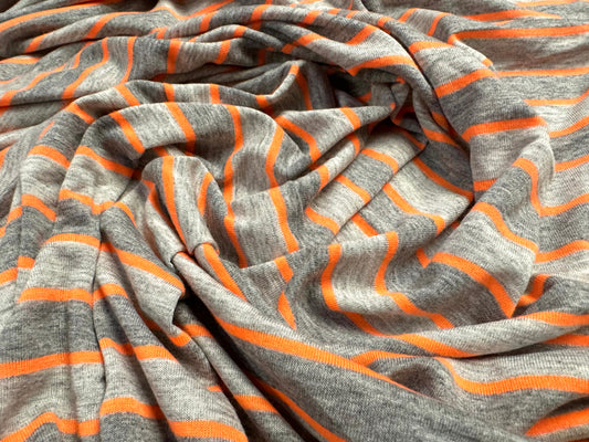 Viscose spandex stretch single jersey fabric, per metre - stripes - orange & grey marl