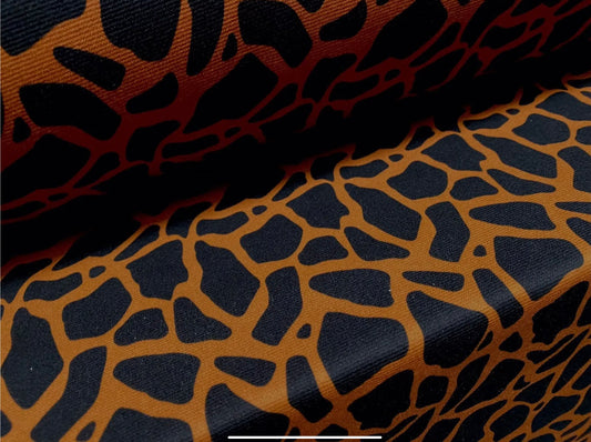 Double jersey knit stretch spandex dress fabric, per metre - giraffe animal prints - orange & black