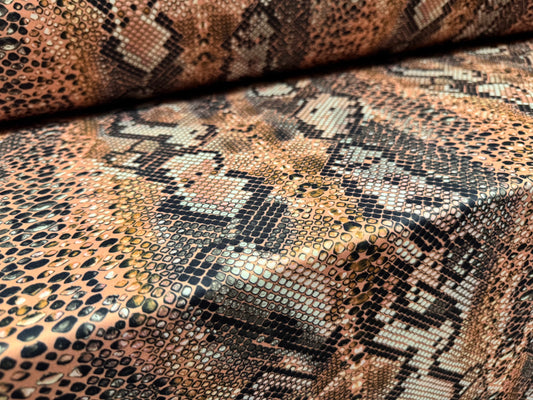 Scuba stretch spandex double jersey dress fabric, per metre - snakeskin animal print - nude & gold