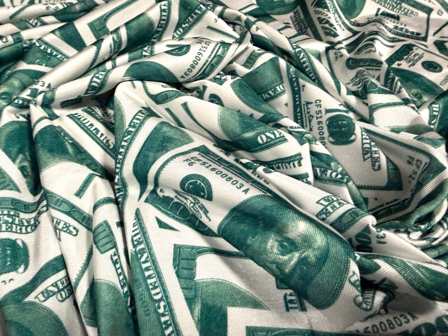 Stretch spandex single jersey fashion fabric, per metre - Dollar Bill print - bottle green & white