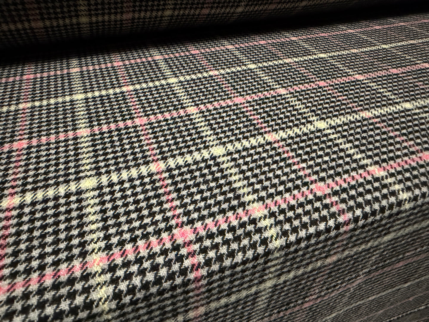 Metallic wool flannel fabric, per metre - dogtooth check with lurex - black lemon & pink