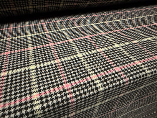 Metallic wool flannel fabric, per metre - dogtooth check with lurex - black lemon & pink