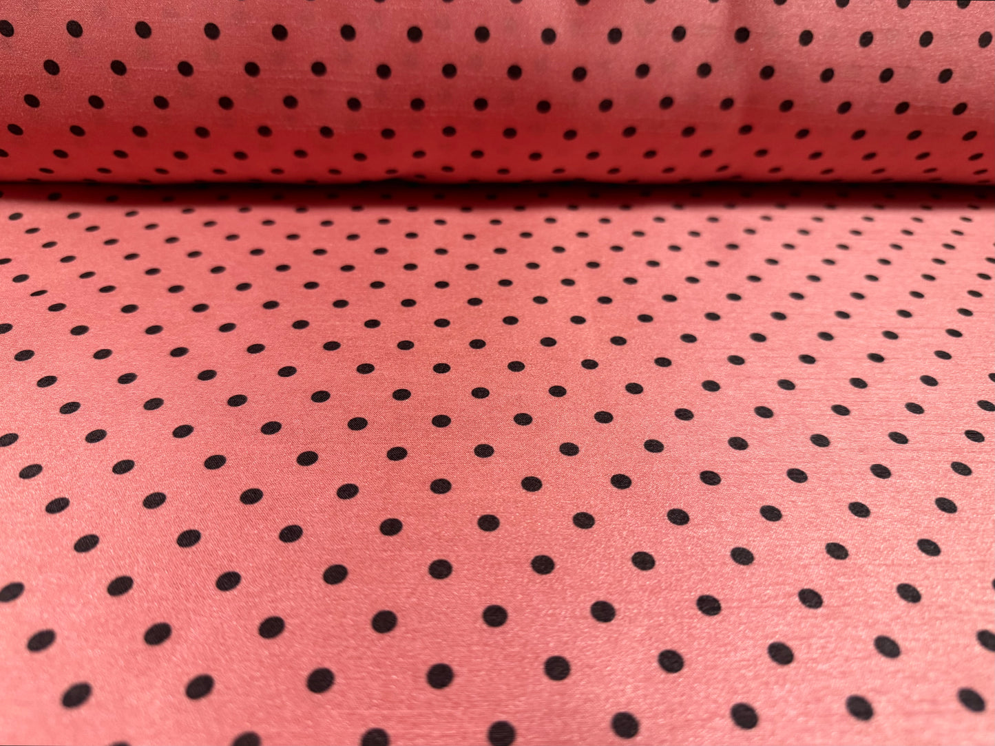 Shantung satin faux silk woven dress fabric, per metre - spot print - coral pink