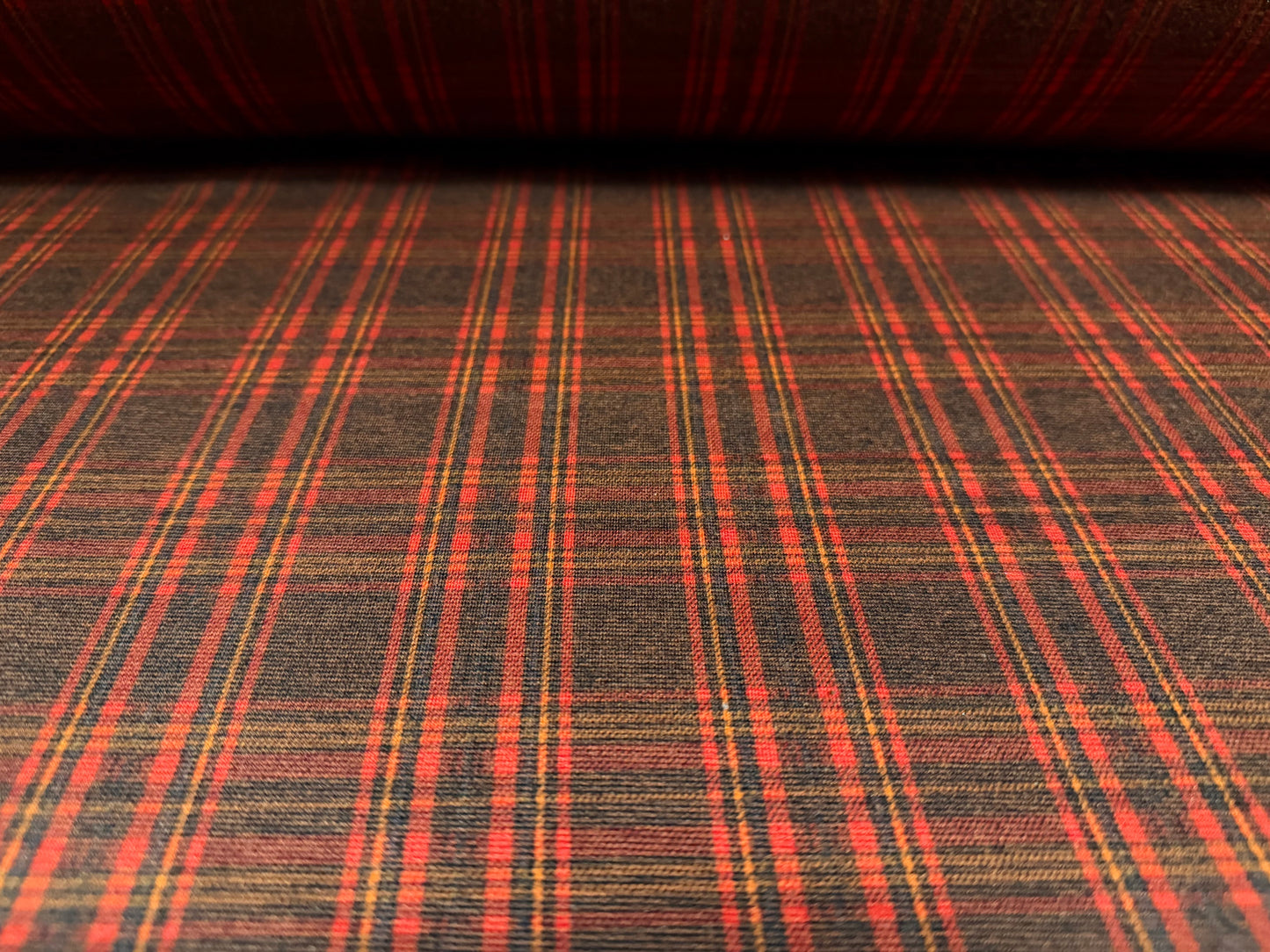 Ponte Roma double jersey knit fabric, per metre - plaid print - brown & orange-red