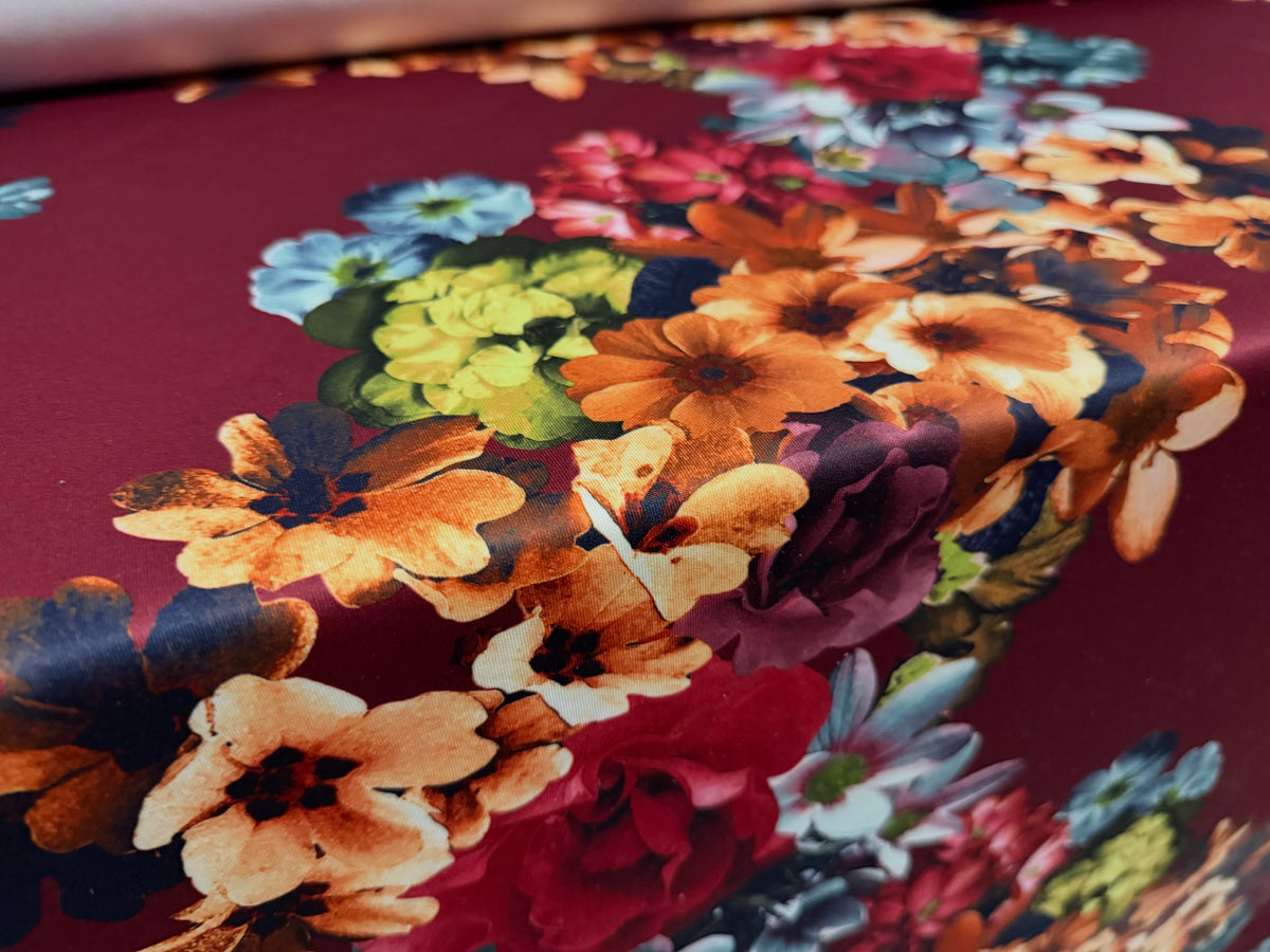 Scuba stretch spandex double jersey fabric, per metre - flourish print - burgundy