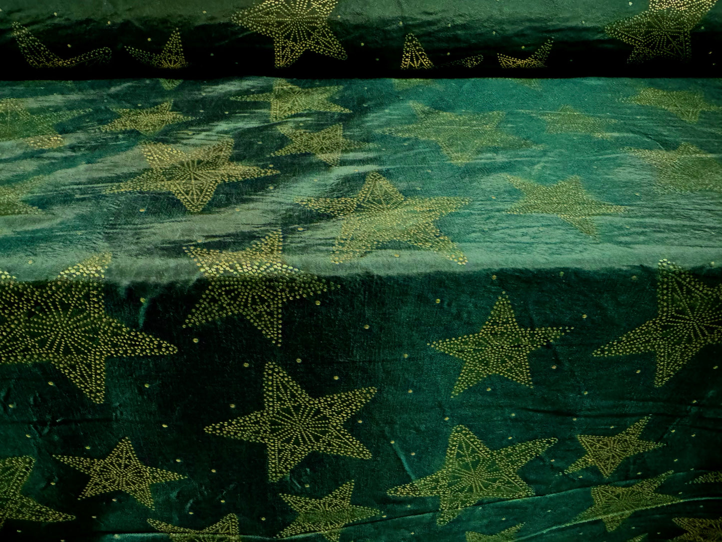 Taffeta faux silk fabric - metallic stars print - bottle green & gold