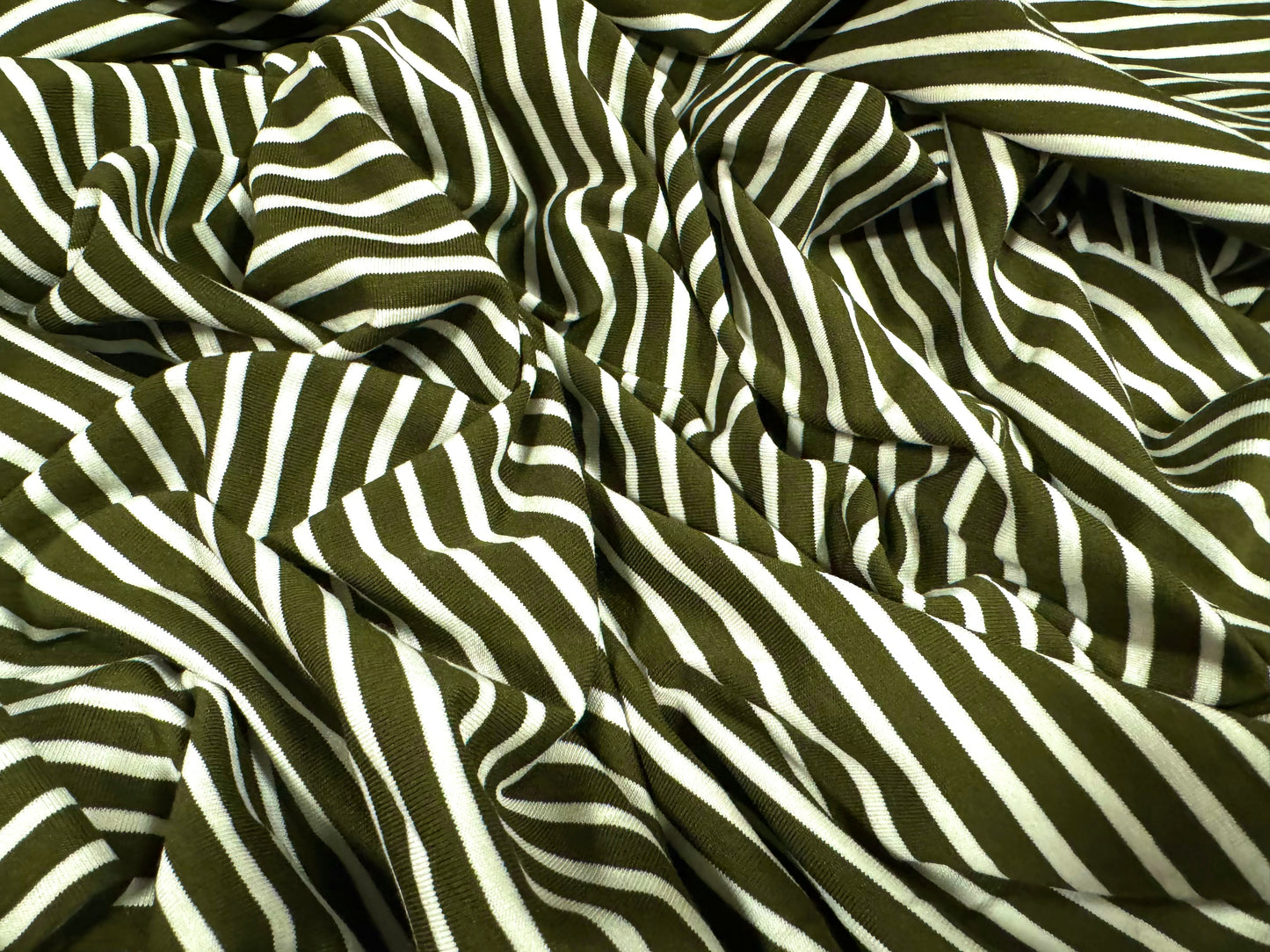 Viscose spandex stretch single jersey fabric, per metre - Breton stripe - olive green & white