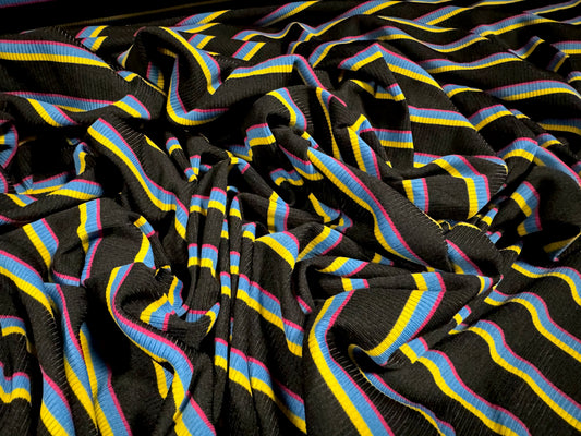 Stretch Spandex rib jersey fabric, per metre - stripe - black blue & yellow