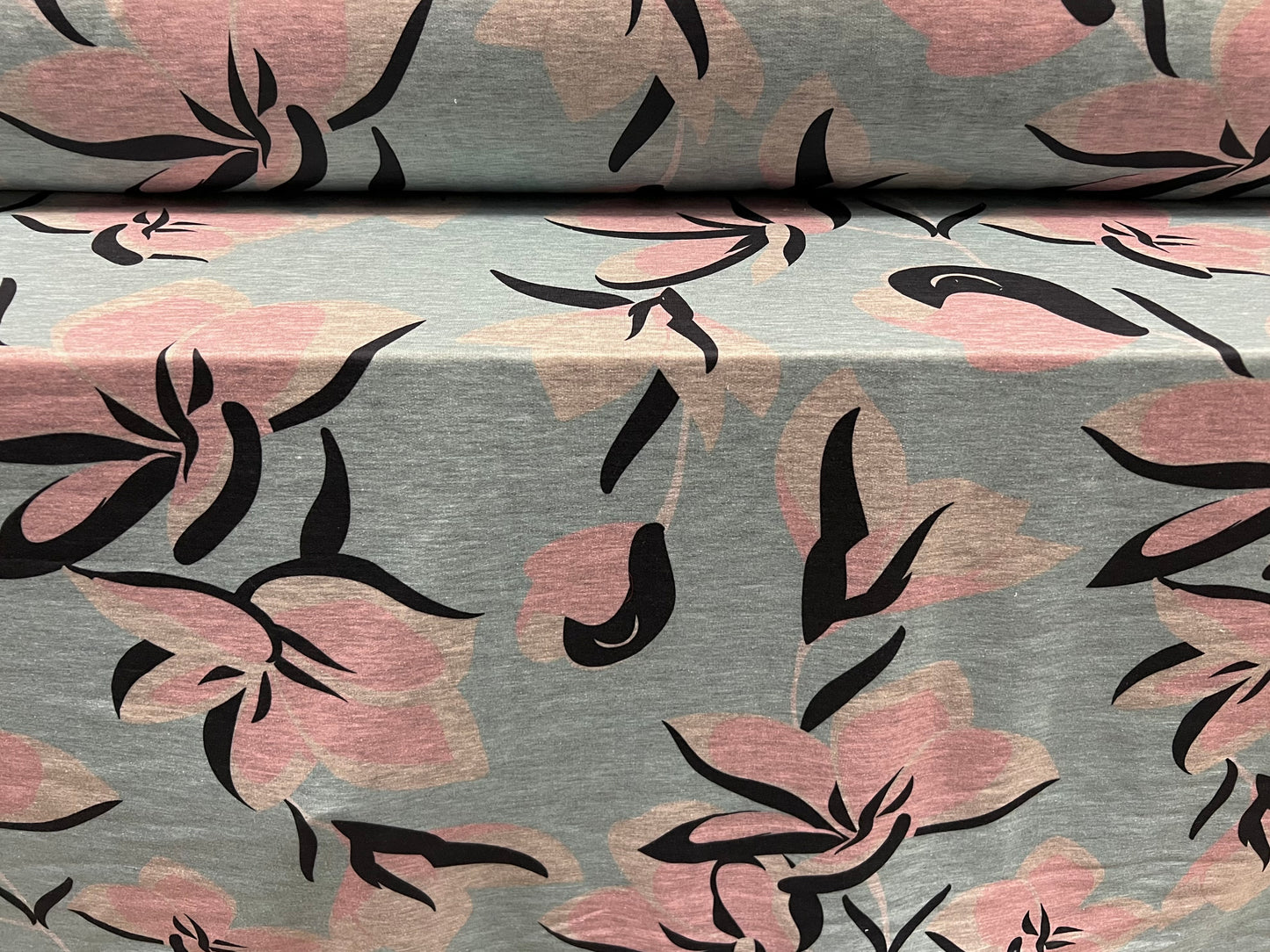 French Terry soft loopback jersey fabric, per metre - stylised flower print - pastel blue & pink