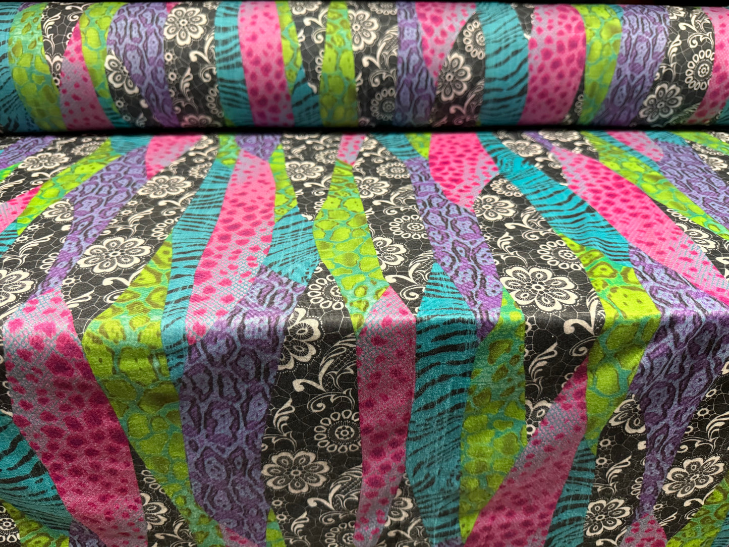 Soft handle single jersey fabric, per metre - lace & animal print fusion - pink green & blue