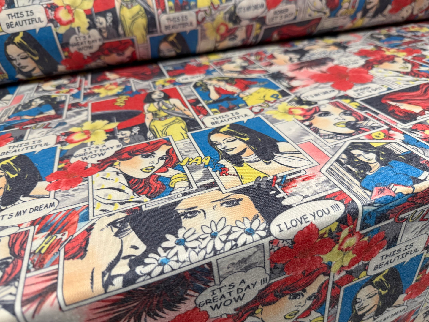 Soft handle single jersey fabric, per metre - comic strip print - multicolour