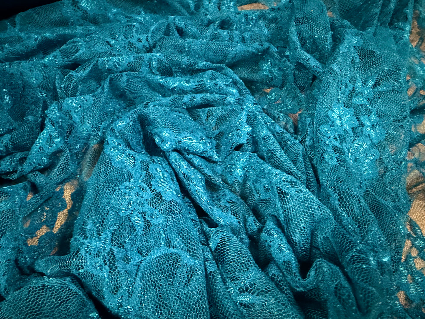 Stretch lace mesh fabric, per metre - floral - kingfisher blue
