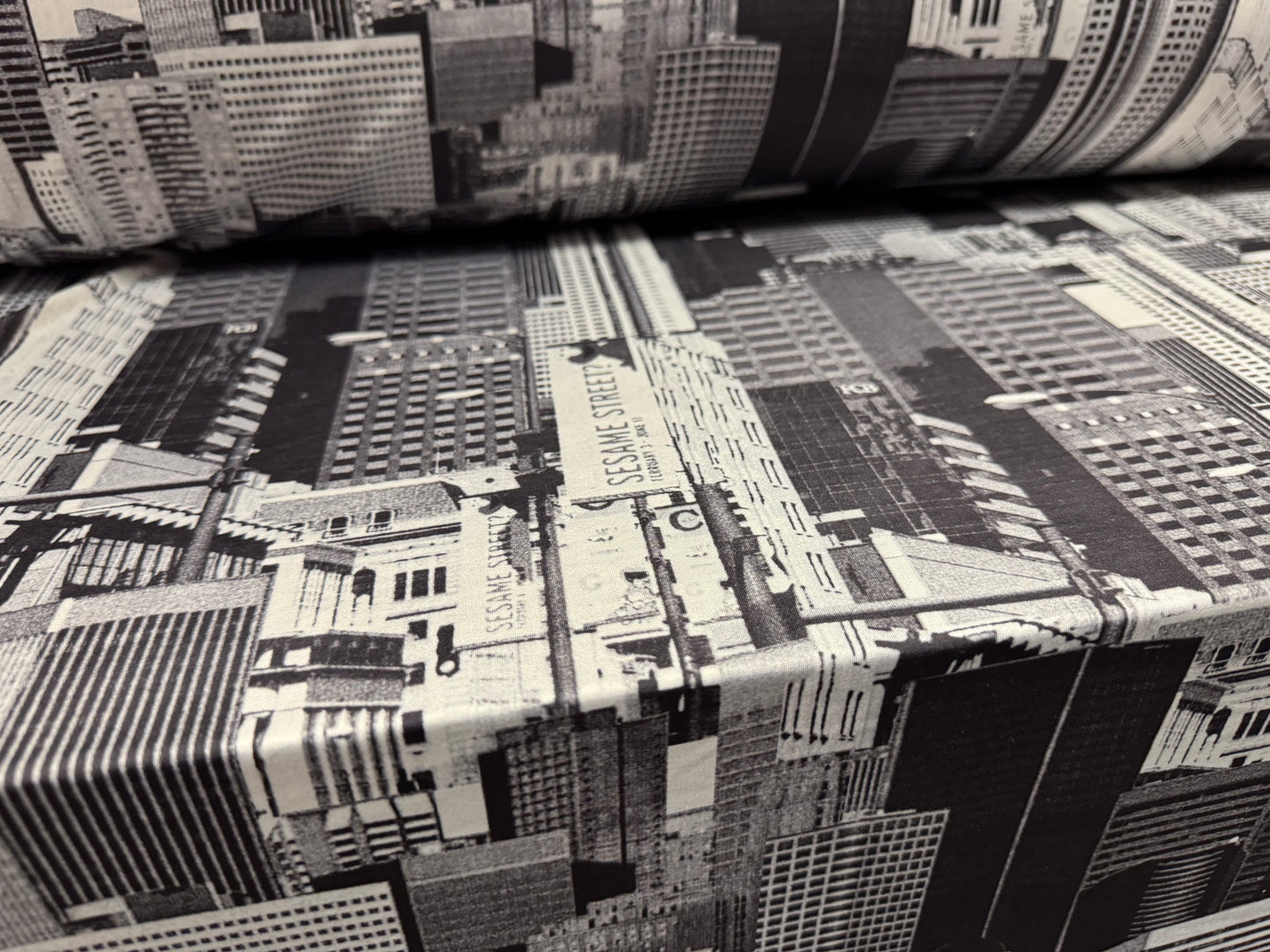 Soft touch stretch spandex single jersey fabric, per metre - Manhattan, New York print - grey