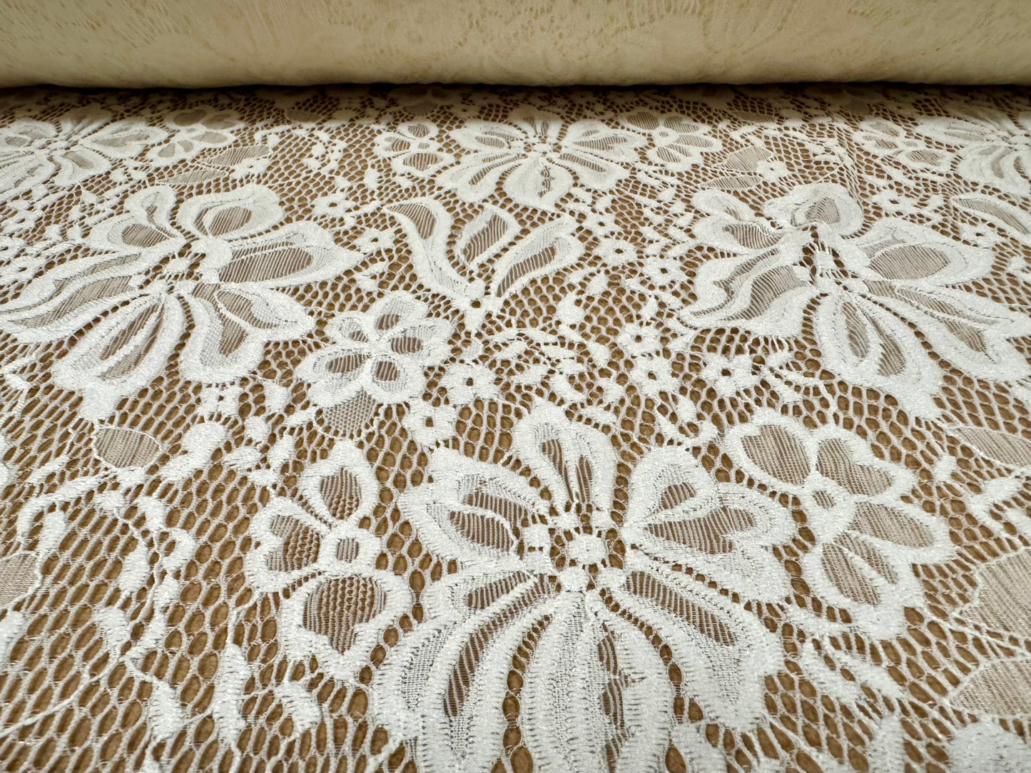 Soft stretch lace dress fabric, per metre - scalloped selvedge - flower design - cream