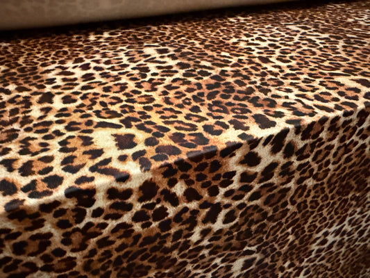 Soft touch stretch spandex single jersey fabric, per metre - leopard print - brown gold & cream