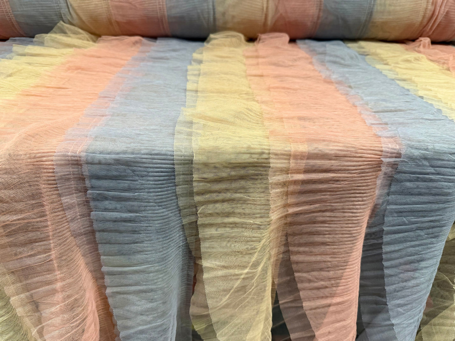 Layered tulle mesh net fabric, per metre - stripe - navy, peach, gold & lavender grey