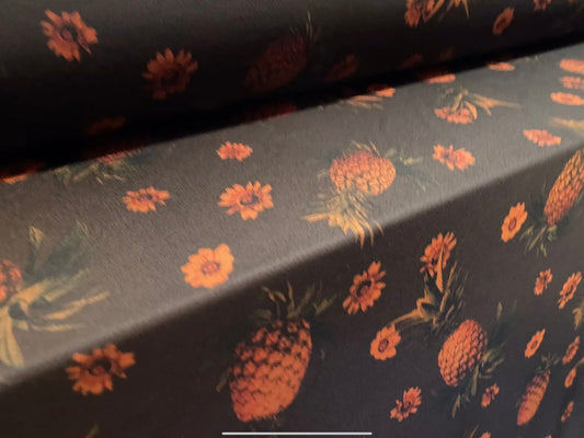 Valentino crepe spandex jersey fabric - similar to scuba - per metre - pineapple print - black & orange