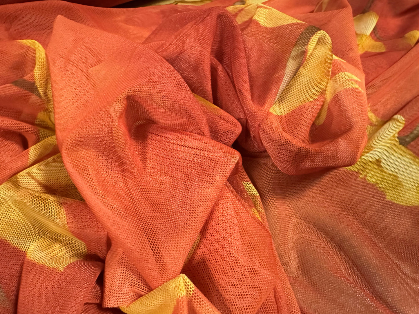 Power mesh net stretch spandex fabric, per metre - lotus flower print - orange & yellow