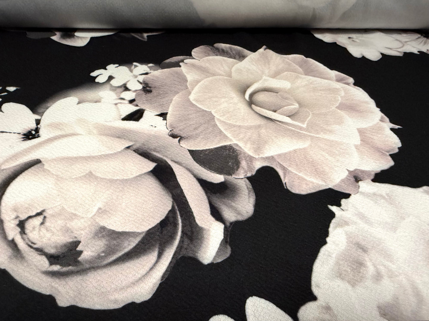 ‘Liverpool’ stretch textured double jersey fabric, per metre - rose print - black & blush
